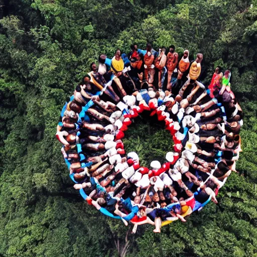 Prompt: Aerial photograph of sikkim people holding hands in a circle on top of a mountain, realistic