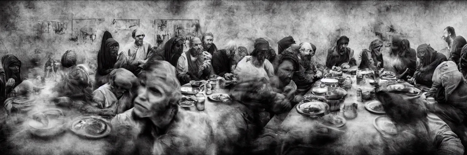 Prompt: Award Winning Editorial 84° wide-angle picture of a Tramps with bowed heads in a Soup Kitchen by David Bailey and Lee Jeffries, called 'The Last Supper', 85mm ND 5, perfect lighting, gelatin silver process