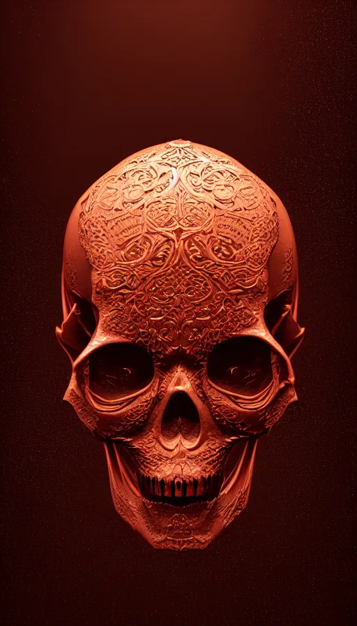 Prompt: portrait of a carved copper skull. intricate detail. melting. by Tooth Wu, wlop, beeple, dan mumford. octane render, trending on artstation, greg rutkowski very coherent symmetrical artwork. cinematic, hyper realism, high detail, octane render, 8k, depth of field, bokeh.