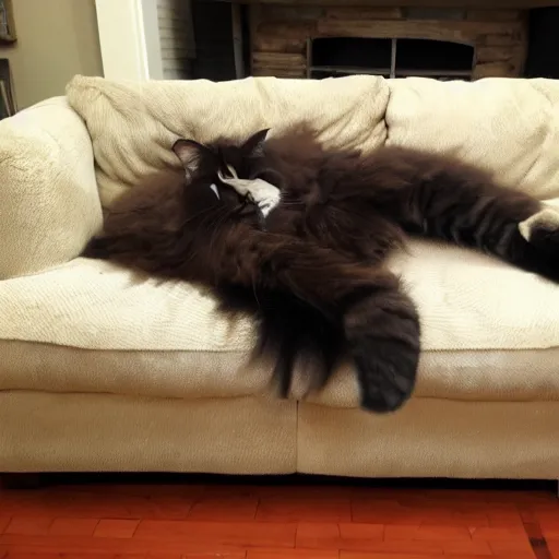 Prompt: a giant Main Coon cat destroyed the couch in a living room