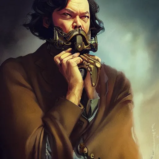 Image similar to orson welles, portrait, western, steampunk, duster, fantasy, intricate, elegant, highly detailed, digital painting, artstation, concept art, sharp focus, illustration, art by artgerm and greg rutkowski and alphonse mucha