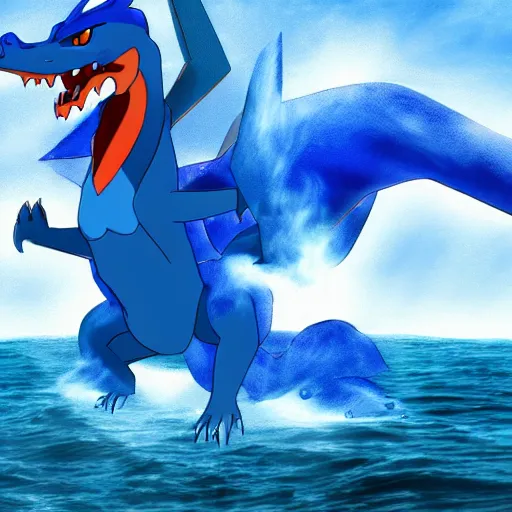 Image similar to a blue Charizard with water powers,realistic,ocean background