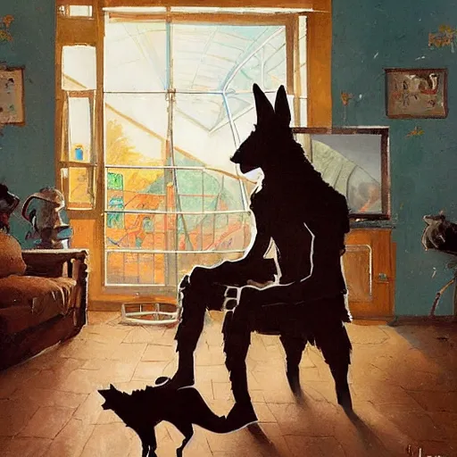 Image similar to a humanoid german shepherd beast - man, sitting and watching a soccer match in his house on television, he has hurt his knee and is a dad, by erin hanson, alexi zaitsev, karl spitzweg, award winning, tv set