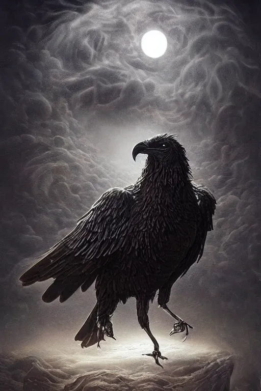 Image similar to Intricate stunning highly detailed raven by agostino arrivabene and Vladimir Kush, surreal metal sculpture, ultra realistic, Horror, dramatic lighting, full moon, blood moon, thick black swirling smoke tornado, burning fire embers, artstation