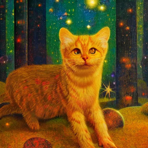 Image similar to psychedelic small cats hidden lush pine forest, outer space, milky way, designed by arnold bocklin, jules bastien - lepage, tarsila do amaral, wayne barlowe and gustave baumann, cheval michael, trending on artstation, star, sharp focus, colorful refracted sparkles and lines, soft light, 8 k 4 k