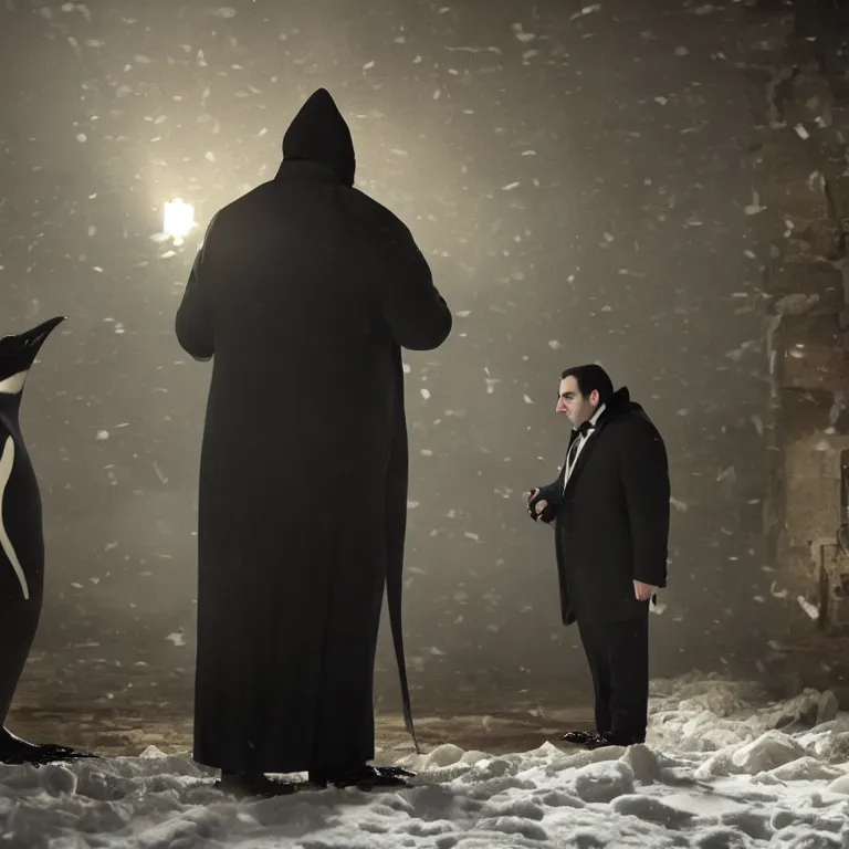 Prompt: mike stoklasa as the penguin, movie still, 8 k, hdr, atmospheric lighting