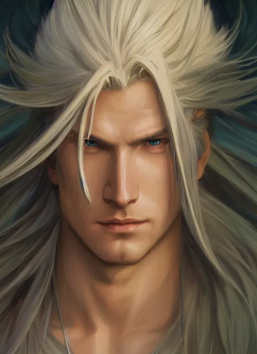 Image similar to centered portrait, Sephiroth as a male D&D Ranger, blonde hair, Art Nouveau, beautiful retro Fantasy heroine 1985, intricate, elegant, highly detailed, centered, digital painting, trending on artstation, concept art, smooth, sharp focus, illustration, art by raphael lacoste, eddie mendoza, Mucha, alex ross, WLOP