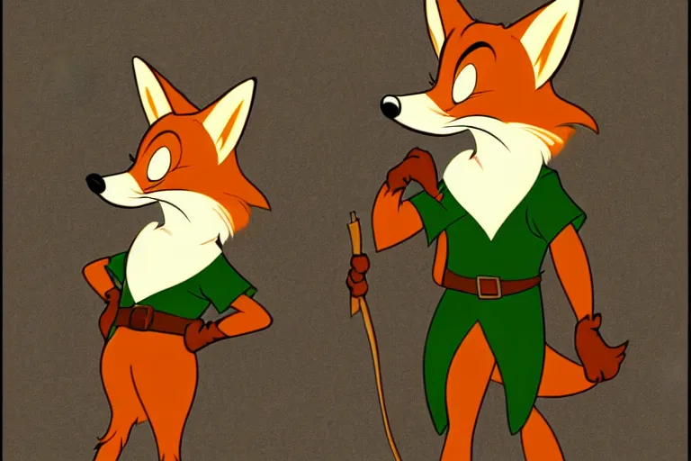 Image similar to vintage disney animation style anthro furry fox robin hood