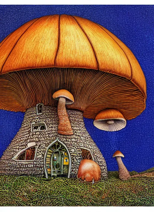 Image similar to a hybrid between a mushroom and a house,, insanely detailed, studio light, patrick woodroffe, colored pencil