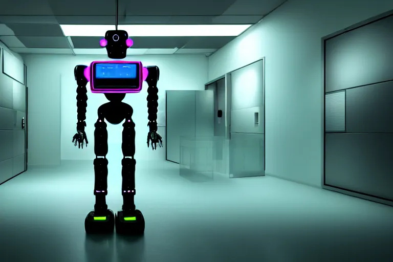 Image similar to full body robot with human face mask, bionical, on wheels, background data server room, neon and dark, illumination ray tracing hdr render in i am robot movie shot