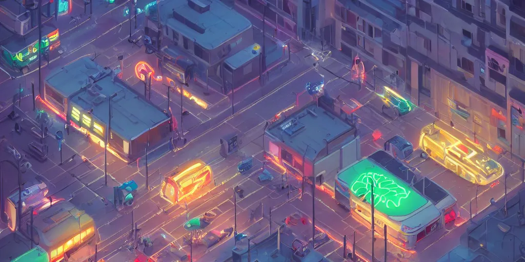 Prompt: city, building, cars, neon lights, night time, park, people, happy town, by Goro Fujita and Simon Stalenhag , 8k, trending on artstation, hyper detailed, cinematic