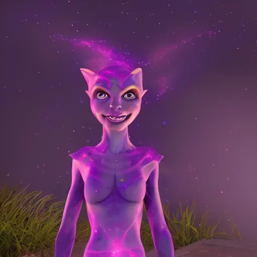 Image similar to a mischievous elf with violet skin reflecting a laser light, a scarred face, chuckling, with a nebula behind them, in the style of gary frank and rafael albuqurque, rendered in unreal engine