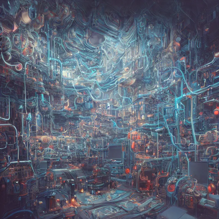 Prompt: an immaculate octane redshift concept art render of the nexus of a vast modern computing center and a mad alchemist\'s lab with exposed circuit boards, nixie tubes and tesla coils by Zdzisław Beksiński and beeple, beautiful modern colors, ultradetailed, 4k ultra