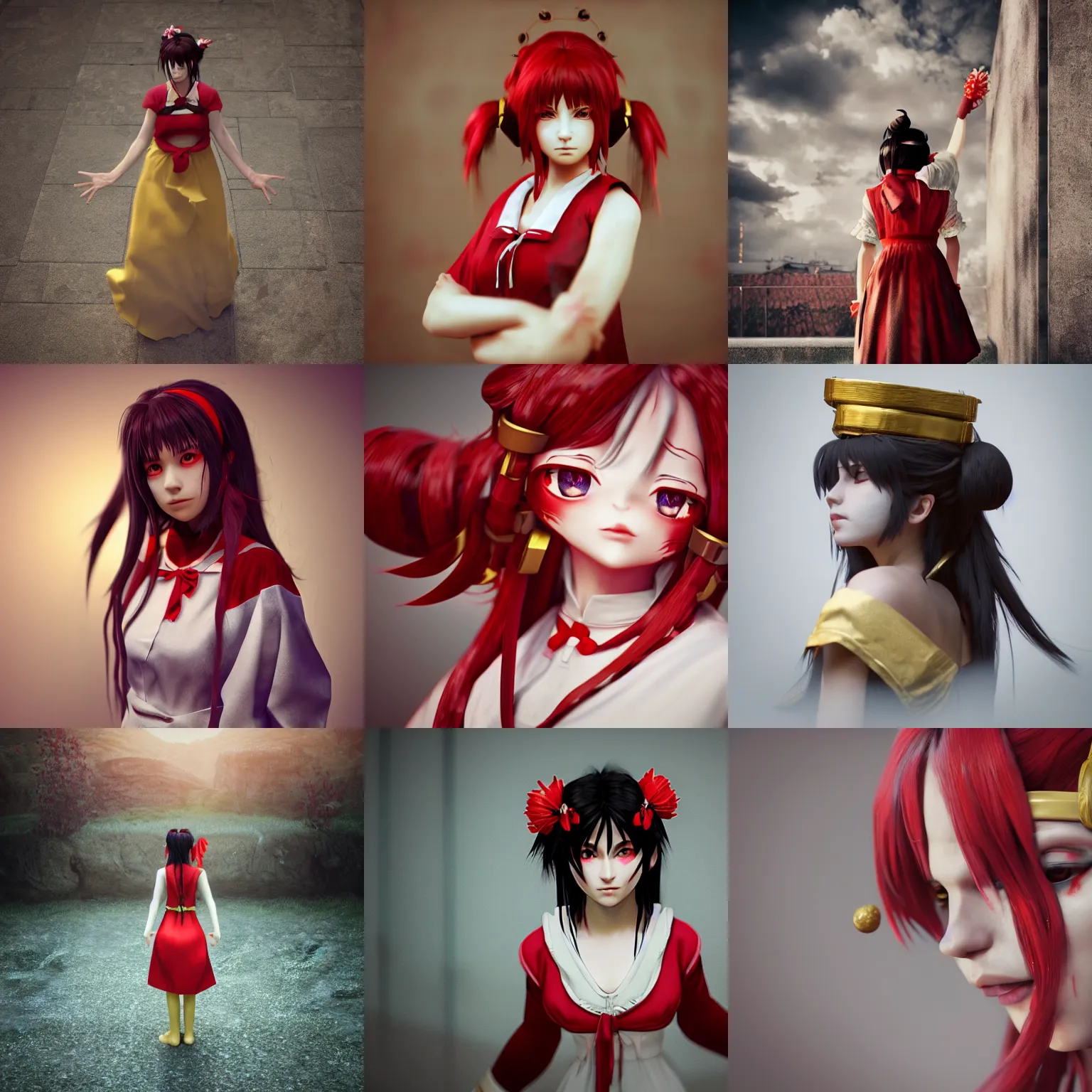 Prompt: artistic render of reimu hakurei, by alessio albi, marble, gold, unreal engine 5