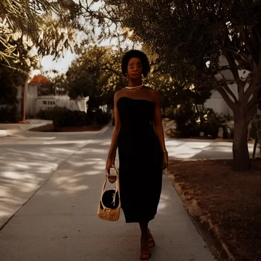 Image similar to portrait photograph of an elegant black woman wearing a sundress in Santa Monica. super resolution. 85 mm f1.8 lens.bokeh.graflex. Alessio albi