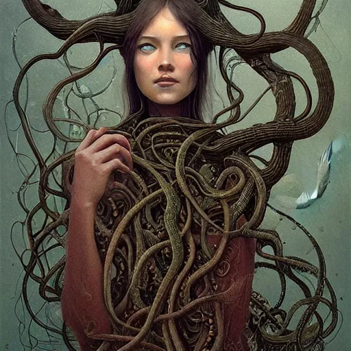 Image similar to very detailed portrait of a 2 0 years old girl surrounded by tentacles, the youg woman visage is blooming from fractal and vines, painted by esao andrews and karol bak and zdzislaw beksinski and zdzisław beksinski