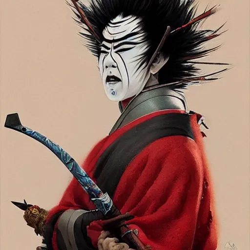 Image similar to an epic portrait of insane kabuki male wielding a spear covered in a distorting aura, intricate hakama, poofy red wig, eerie, highly detailed, dark fantasy, shallow depth of field, art by artgerm and greg rutkowski