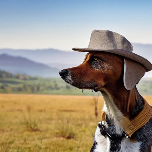 Image similar to a foxhound dog that is realistic wearing different hats and posing in front of a scenic background