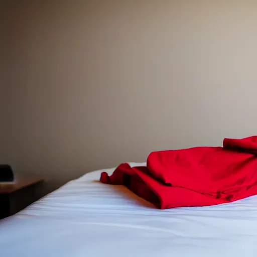 Image similar to high definition professional photo of a red t - shirt laying on a bed, displayed, promotional