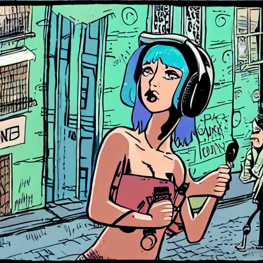 Image similar to punk girl with headphones in densely packed street, surreal, Ralph Bakshi