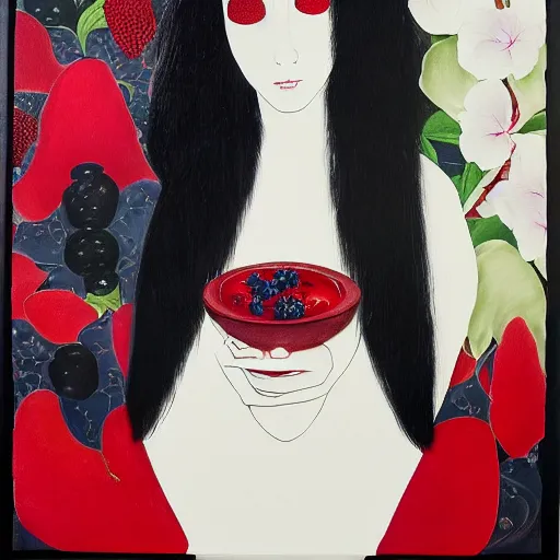 Prompt: “art in an Australian artist’s apartment, portrait of a depressed woman wearing white silk cloth stained by fresh raspberries and strawberries and blueberries, white wax, edible flowers, Japanese pottery, Australian native white and red flowers ikebana, black walls, acrylic and spray paint and oilstick on canvas”