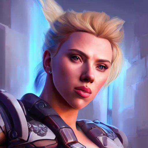 Image similar to detailed portrait of scarlett johansson as muscular zarya from overwatch, beautiful, fantasy, intricate, elegant, highly detailed, digital painting, artstation, concept art, matte, sharp focus, illustration, art by aenaluck, artgerm and roberto ferri and greg rutkowski, epic fantasy, digital painting