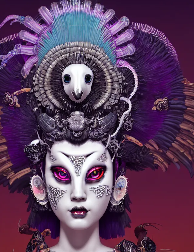 Image similar to 3 d goddess close - up profile portrait punk with mohawk with ram skull. beautiful intricately detailed japanese crow kitsune mask and clasical japanese kimono. betta fish, jellyfish phoenix, bio luminescent, plasma, ice, water, wind, creature, artwork by tooth wu and wlop and beeple and greg rutkowski