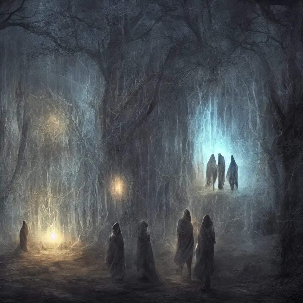 Prompt: high drama, distant hooded figures, hdr, luminescent invocations, diffuse magic, movie still, intricate highly detailed mystical prisms, fully photorealistic, artstation, beautiful concept art, smoothened, sharp luminescent focus, nd 6, sony fx 6