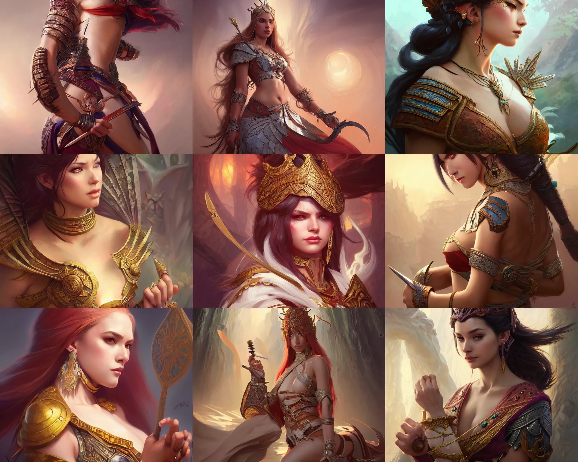 Prompt: great warrior princess photography of muxxi, deep focus, d & d and mtg, fantasy, intricate, elegant, highly detailed, digital painting, artstation, concept art, matte, sharp focus, illustration, hearthstone, art by artgerm and greg rutkowski and alphonse mucha