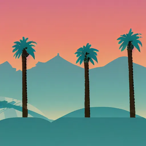 Image similar to a beautiful illustration of palm springs by James gilleard, wind turbines, palm trees, mountains, artstation HD, geometric lines, HD, 4k, 8k