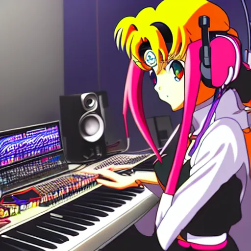 Prompt: An anime character working in their music studio. 90s anime, Sailor Moon, Neon Genesis, official art, flat cell shading, fantastic screenshot art, trending on artstation