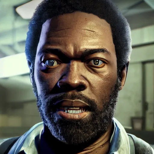 Prompt: portrait art of lee everett from game the walking dead by telltale games, 8 k ultra realistic, lens flare, atmosphere, glow, detailed, intricate, full of colour, led lighting, 4 k, hyperrealistic, focused, extreme details, unreal engine 5, masterpiece