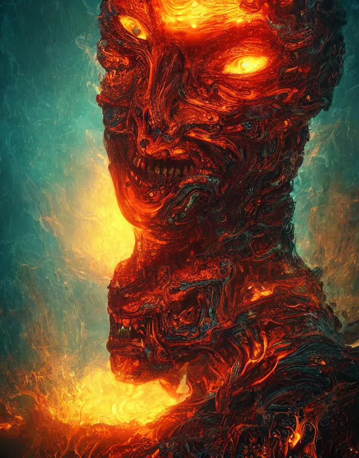 Image similar to horrific monster portrait. burning water distortions. intricate abstract. intricate artwork. by Tooth Wu, wlop, beeple, dan mumford. octane render, trending on artstation, greg rutkowski very coherent symmetrical artwork. cinematic, hyper realism, high detail, octane render, 8k, depth of field, bokeh. iridescent accents