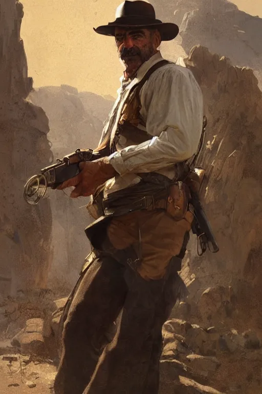 Prompt: Sean Connery as a character in a scene from red dead redemption, artstation, concept art, smooth, sharp focus, illustration, art by and greg rutkowski and alphonse mucha