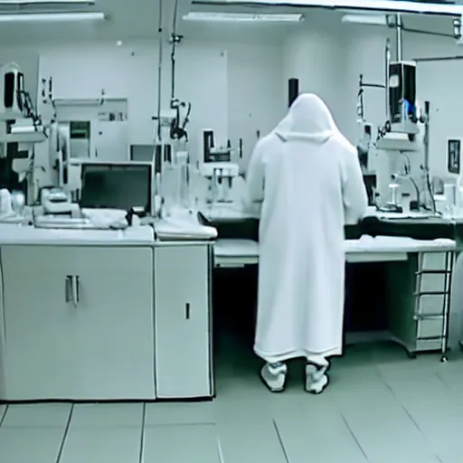 Image similar to cctv footage of a hooded ghost inside a laboratory