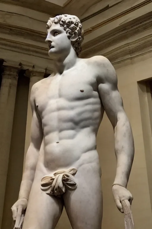 Image similar to an ancient greek marble statue of emmanuel macron, the british museum