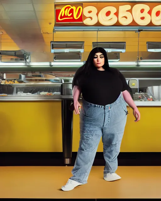 Prompt: film still of obese 3 0 0 - pound kylie jenner as a mcdonald's worker, vibrant high contrast, octane, arney freytag, cinematic, portrait, backlit, rim lighting, 8 k