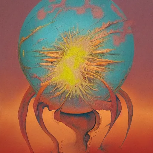 Image similar to a sphere being devoured by abstract splatters of paint in the style of francis bacon, venus being engulfed in flames in the style of james jean, surreal, beksinski, high detailed