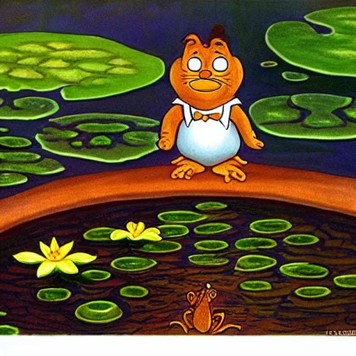 Image similar to garfield by h. p. lovecraft natural, ordered. print. a young girl is sitting on the edge of a pond, with her feet in the water. she is looking at a frog that is sitting on a lily pad in the pond.