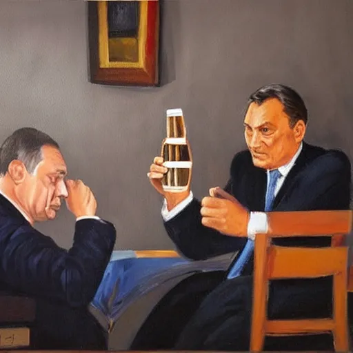 Image similar to viktor orban drinking beer with putin, oil painting, highly detailed