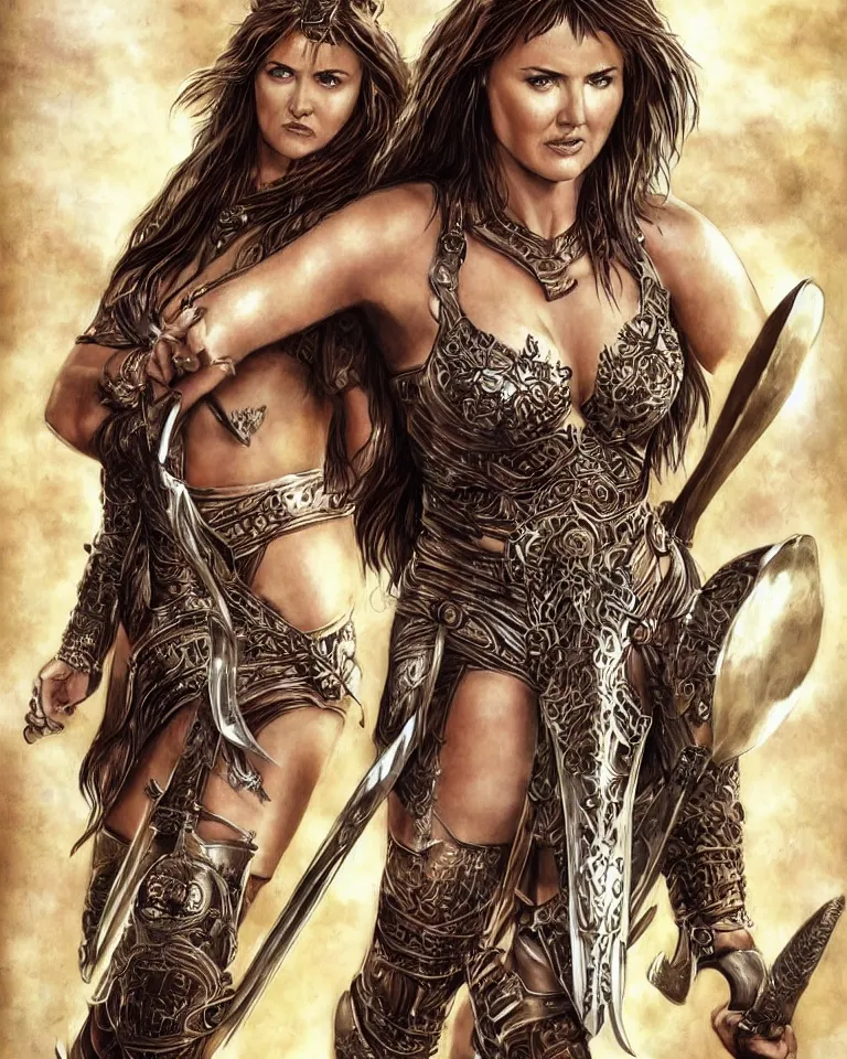 Image similar to a young lucy lawless as xena warrior princess as an amazon warrior, a tall beautiful woman with brown skin and long hair, dressed in hellenistic body armor, intricate, elegant, highly detailed, smooth, sharp focus, detailed face, art by ardian syaf