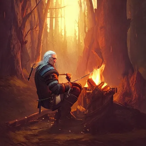 Prompt: geralt the witcher 3 sitting in front of a campfire at night alone warmth d & d fantasy intricate elegant highly detailed digital painting artstation concept art matte sharp focus illustration hearthstone art by artgerm art by greg rutkowski art by alphonse mucha