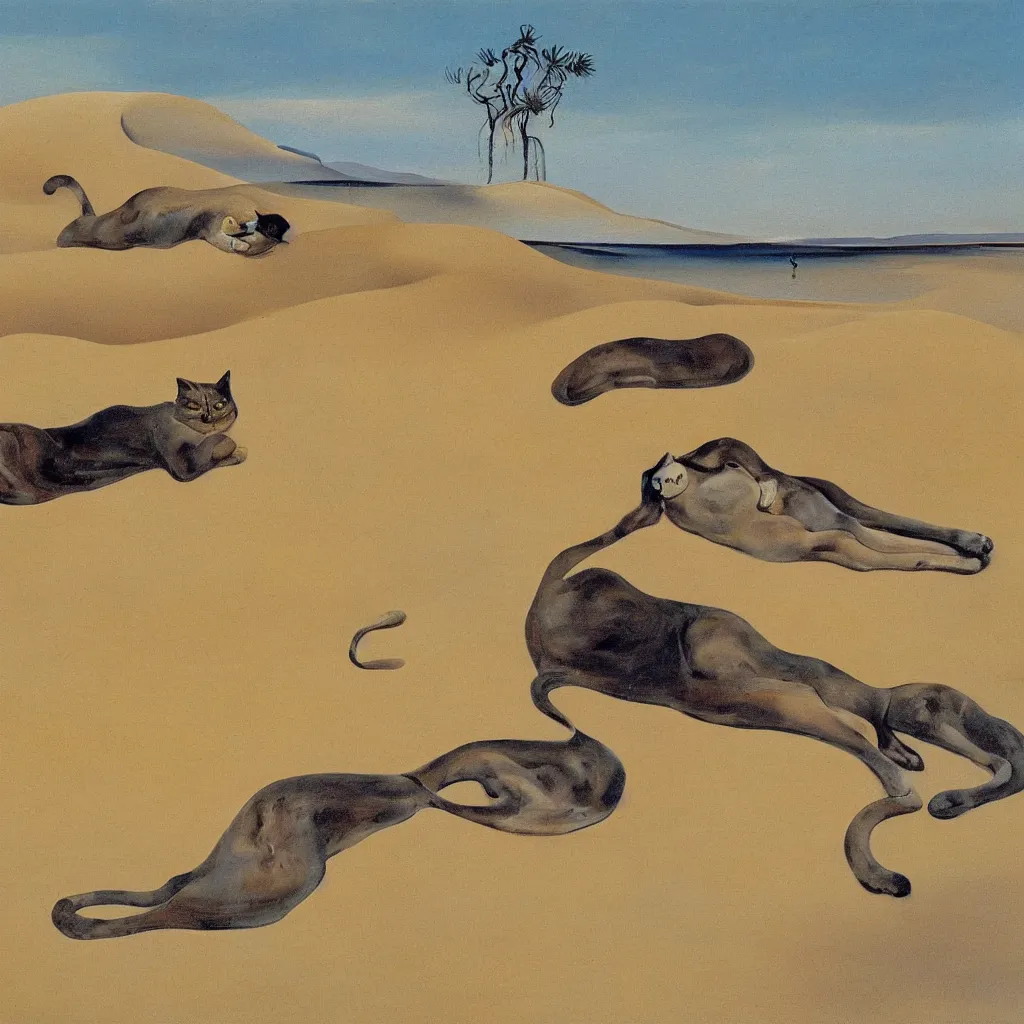 Image similar to an untradetailed oil painting of a melting cat lying on flowing desert, landscape with dunes and oasis far away, by salvador dali