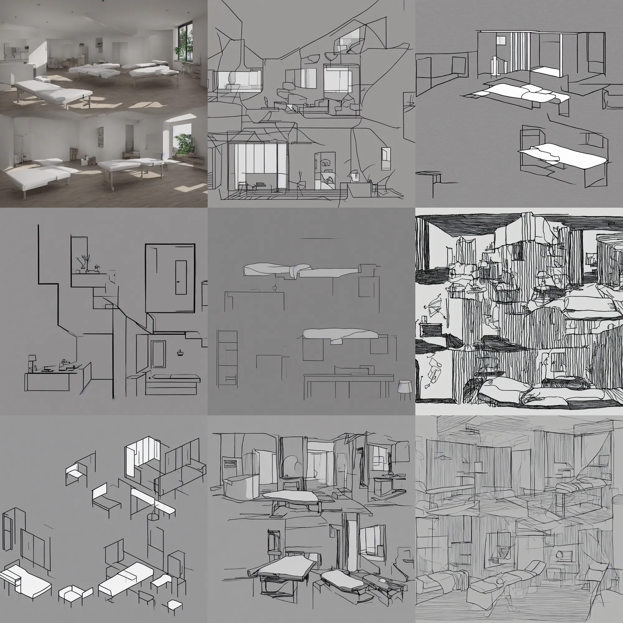 Prompt: a minimal and symetrical illustration of a house that combine features of a massage table. no text visible