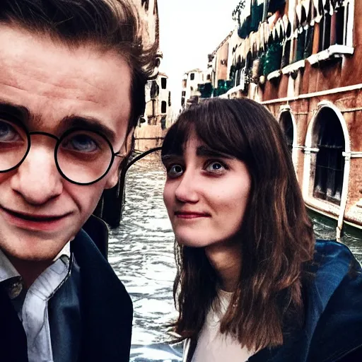 Image similar to Harry Potter and Hermione in Venice, symmetrical face, beautiful eyes, instagram photo,