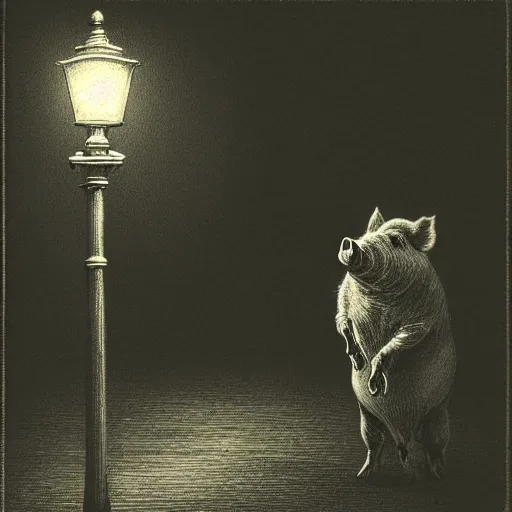 Image similar to a pig in a tuxedo, street lamp, illustration by Gustave Doré, high detail, eerie, street lamp, barn, creepy, dark, night, misty, moon, chiaroscuro, film noir