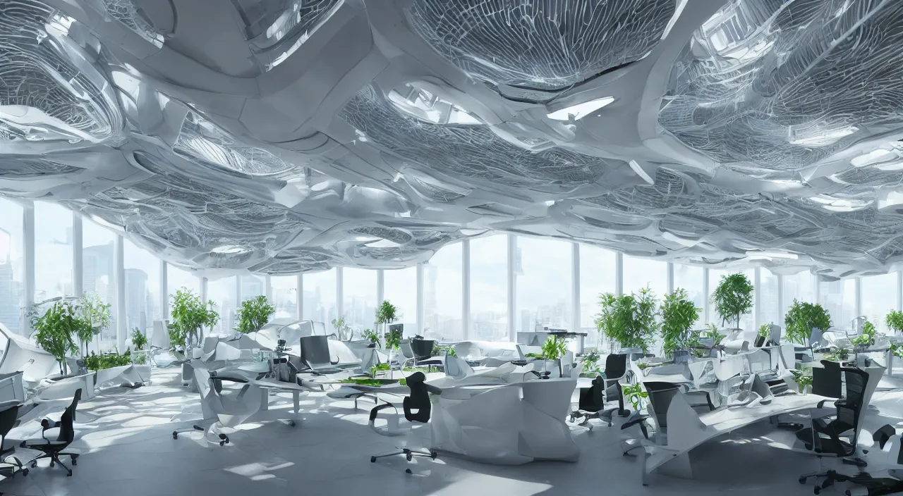 Image similar to futuristic open office with parks and plants, glowing computer screens, made with glossy white plastic and large windows and voluminous light and light rays, extremely intricate, very detailed, in style of zaha hadid, artstation, octane render, cinematic lighting