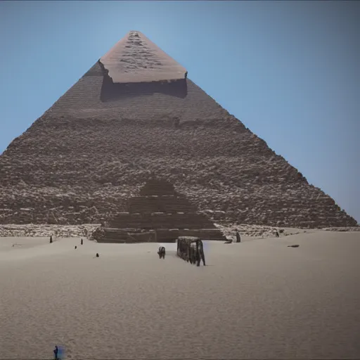 Prompt: great pyramid of giza at ancient times, the pyramid is covered with white marble, the pyramind has a golden tip, ancient egypt, unreal engine, extremely detailed, photoreal