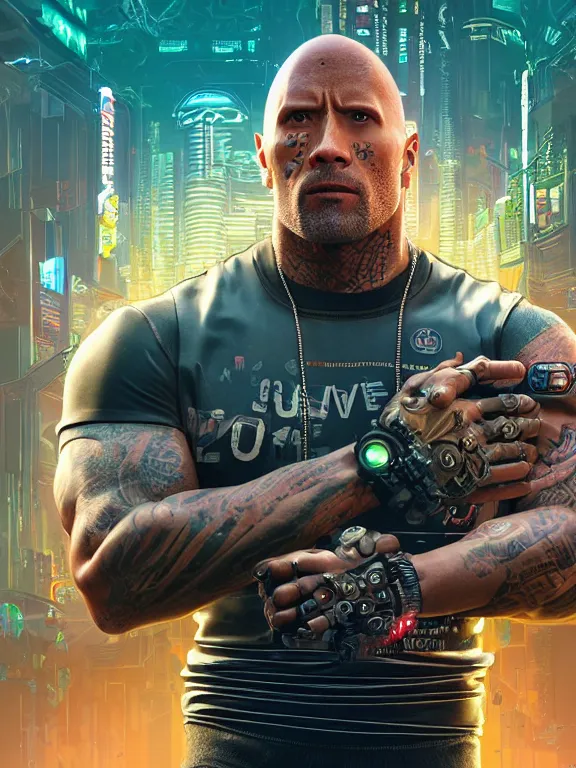 Image similar to a cyberpunk 2077 portrait of Dwayne Johnson holding a female android with tango pose,complex mess of cables and wires behind them connected to giant computer, love moive,film lighting, by laurie greasley,Lawrence Alma-Tadema,William Morris,Dan Mumford, trending on atrstation, full of color,face enhance, highly detailed,8K, octane,golden ratio,cinematic lighting