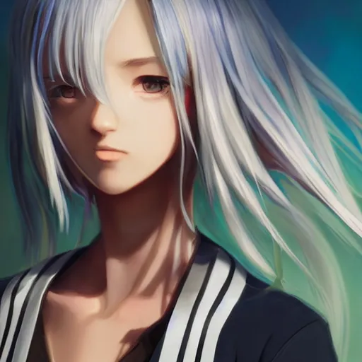 Image similar to profile shot of rimuru tempest, sky blue, straight hair, long bangs, amber eyes, wearing a black jacket with white stripes, high collar, highly detailed, unreal engine 5, digital painting, cinematic, wlop | artgerm, pixiv, yoshitaka amano, greg rutkowski, ilya kuvshinov, andy warhol